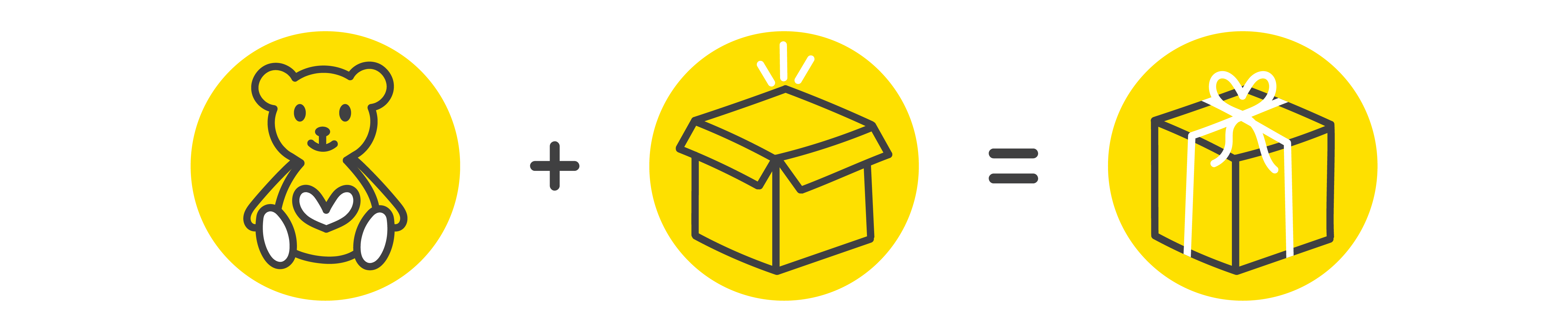Three yellow circles with illustrations of a teddy bear, open box and wrapped gift