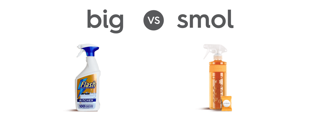 a bottle of flash and smol multi purpose spray with text: big vs smol