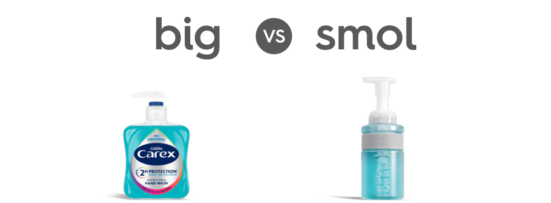 a bottle of carex and smol handwash with text: big vs smol