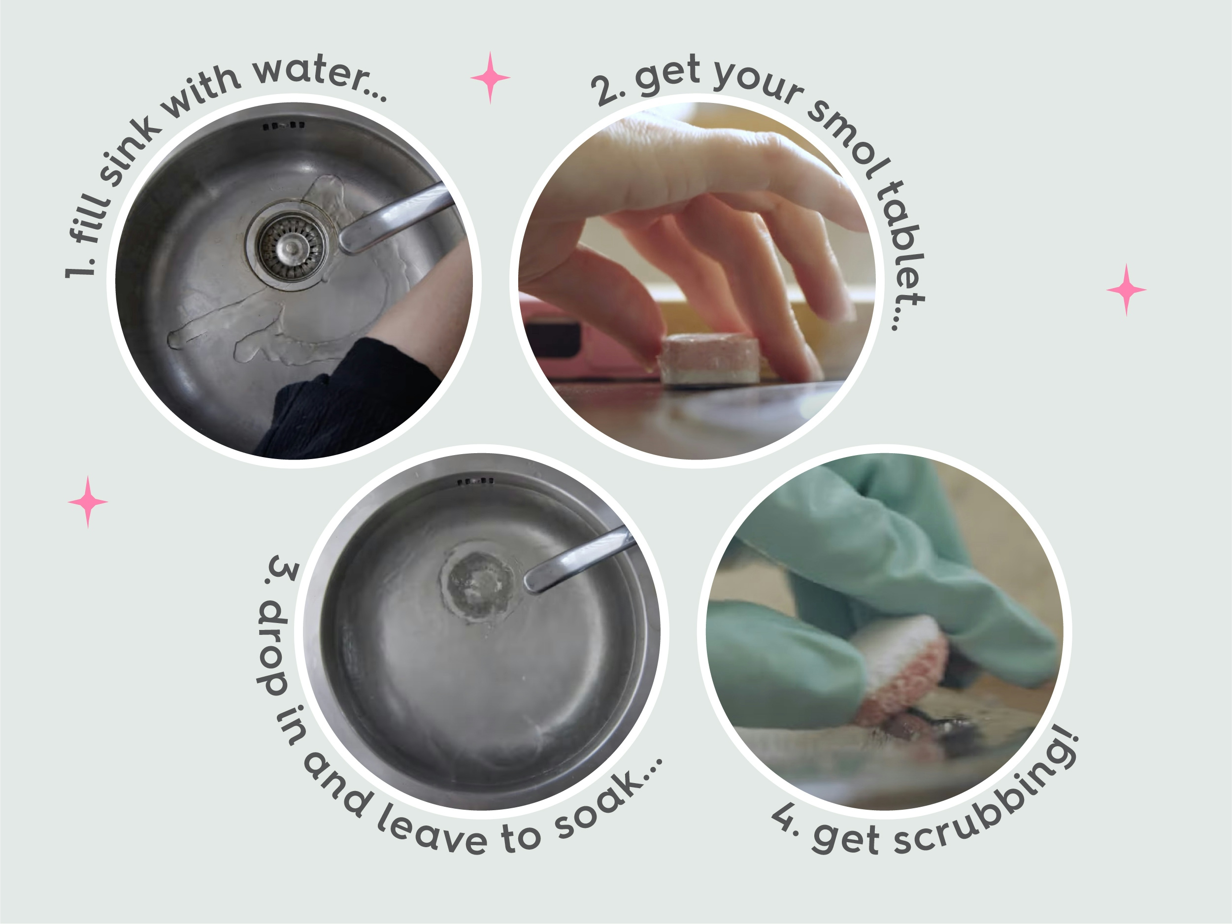 images of a smol dishwasher tablet cleaning a stainless steel sink