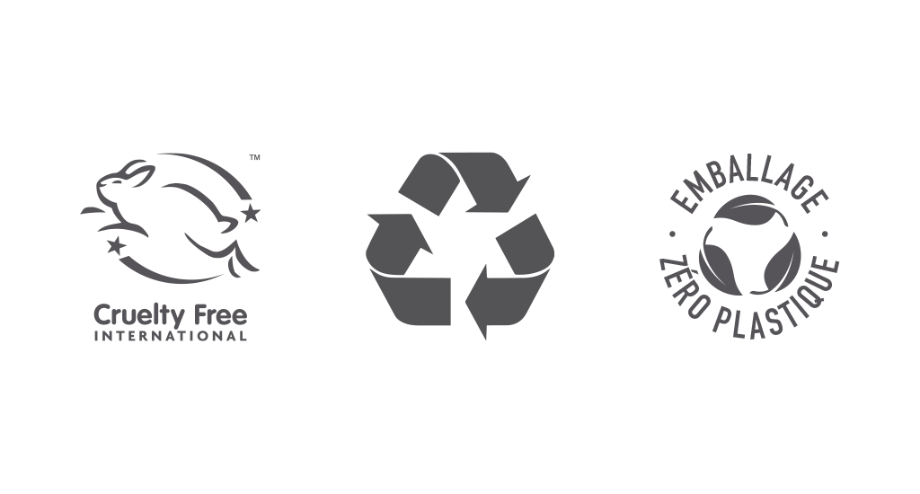 logos de Leaping Bunny, recyclage et emballage zéro plastique