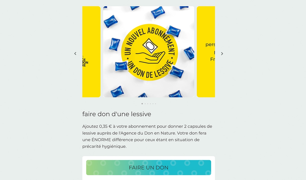 imprime écran de la page produit correspondant à l’ajout d’un don de lessive de 0,35 € récurrent à un ou des abonnements smol.