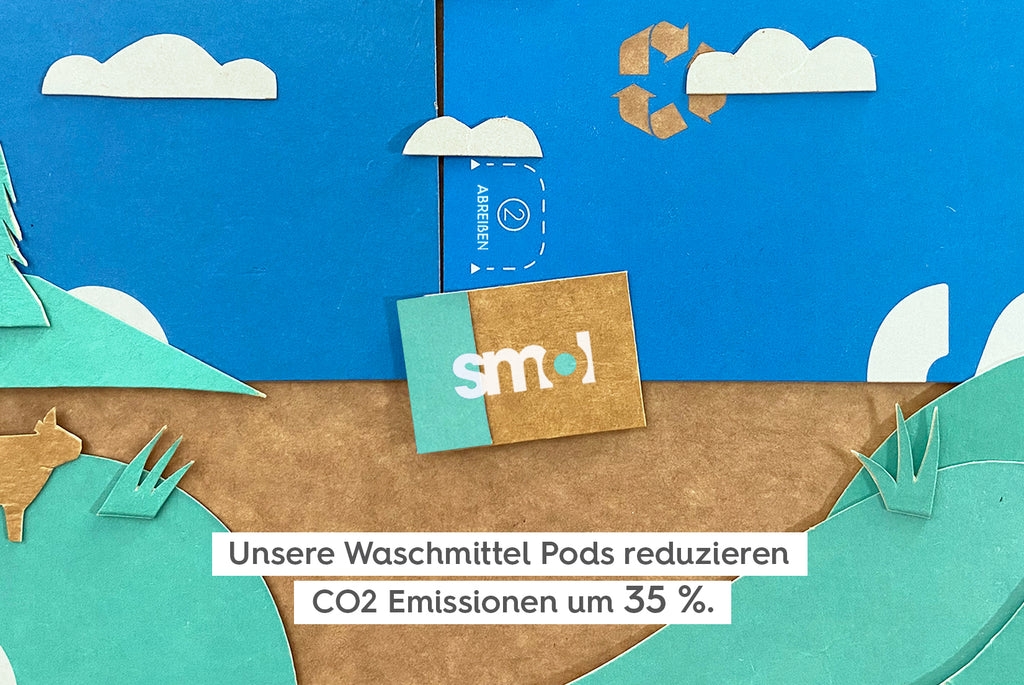 eine Landschaft mit blauem Himmel, Wolken und Gras aus Pappe von smol Packungen gebastelt. Daruf eine ebenfalls gebastelte smol Packung
