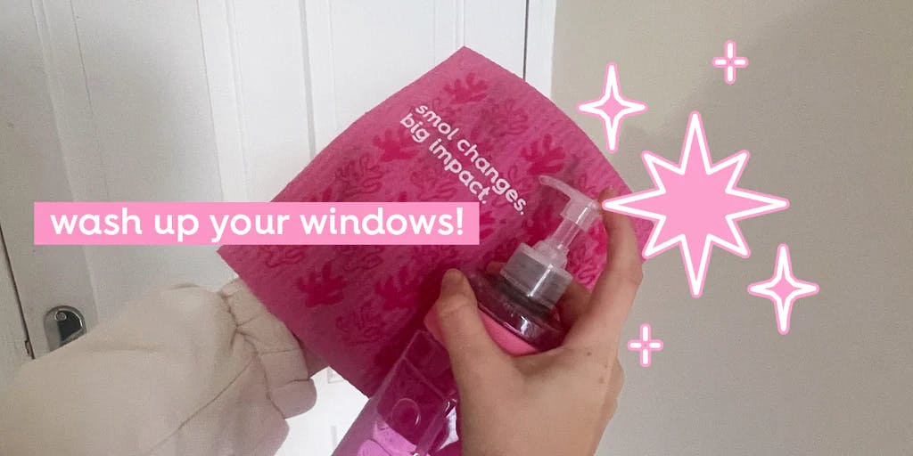 smol washing up liquid squirted onto a smol cloth. text: wash up your windows!
