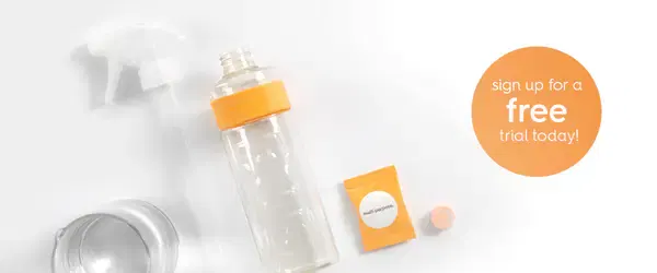 smol multi purpose surface spray bottle and tablet. text: sign up for a free trial today!