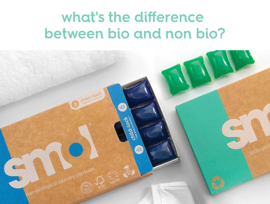 smol biological and non-biological laundry capules and their packaging. text: what's the difference between bio and non bio?