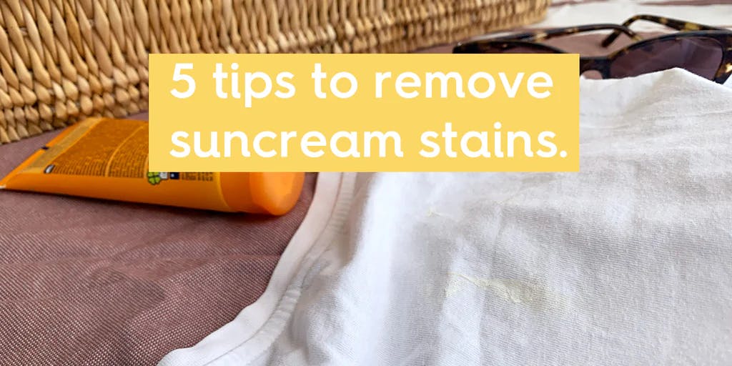 suncream and a white top with a yellow stain on it. text: 5 tips to remove suncream stains.