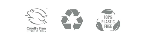 cruelty free international logo, recycling logo, 100% plastic free logo