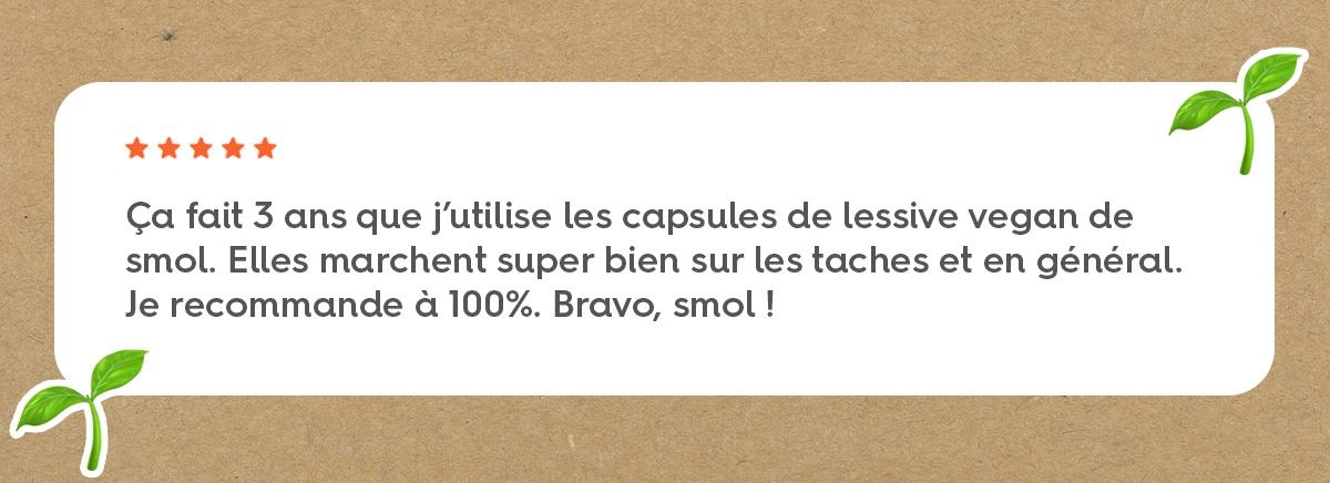 Ça fait 3 ans que j’utilise les capsules de lessive vegan de smol. Elles marchent super bien sur les taches et en général. Je recommande à 100%. Bravo, smol !