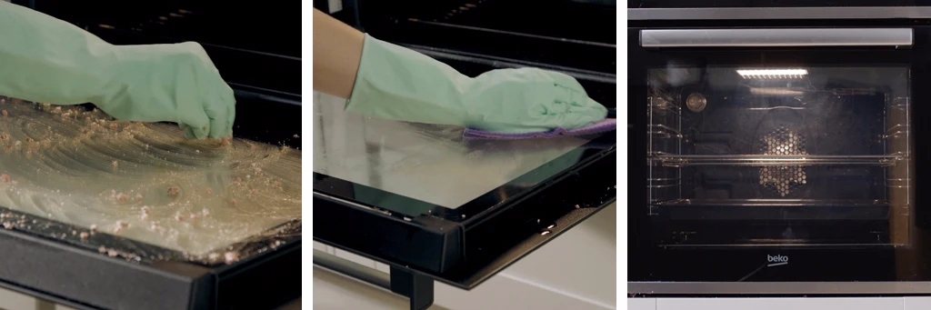 sur la première image, une main portant un gant en caoutchouc vert utilisant une tablette lave-vaisselle pour nettoyer le côté intérieur d’un hublot de four. Sur la deuxième image, même main gantée passant l’éponge sur le côté intérieur d’un hublot de four pour retirer les résidus de tablette. Sur la troisième image, un hublot de four tout propre.