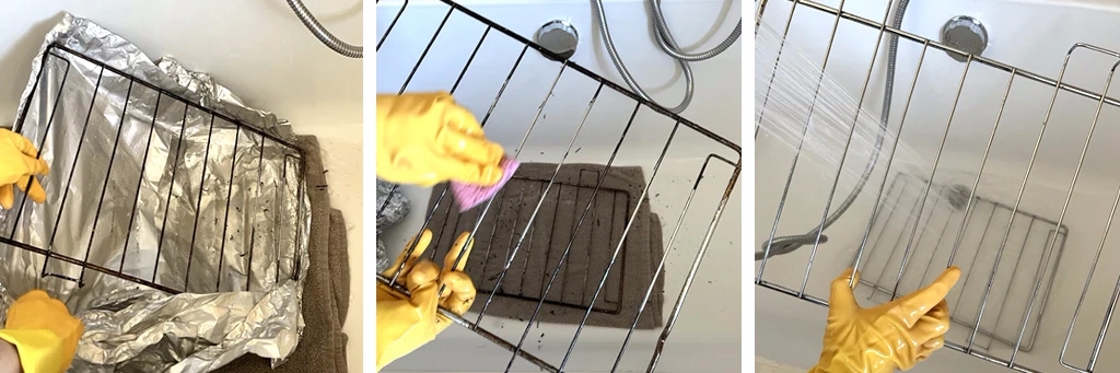 Sur la première image, une main gantée sortant la grille du four de sa couverture de papier aluminium. Sur la deuxième image, une main gantée frottant la grille avec une éponge. Sur la troisième image, une main gantée tenant la grille sous le robinet allumé pour la rincer.