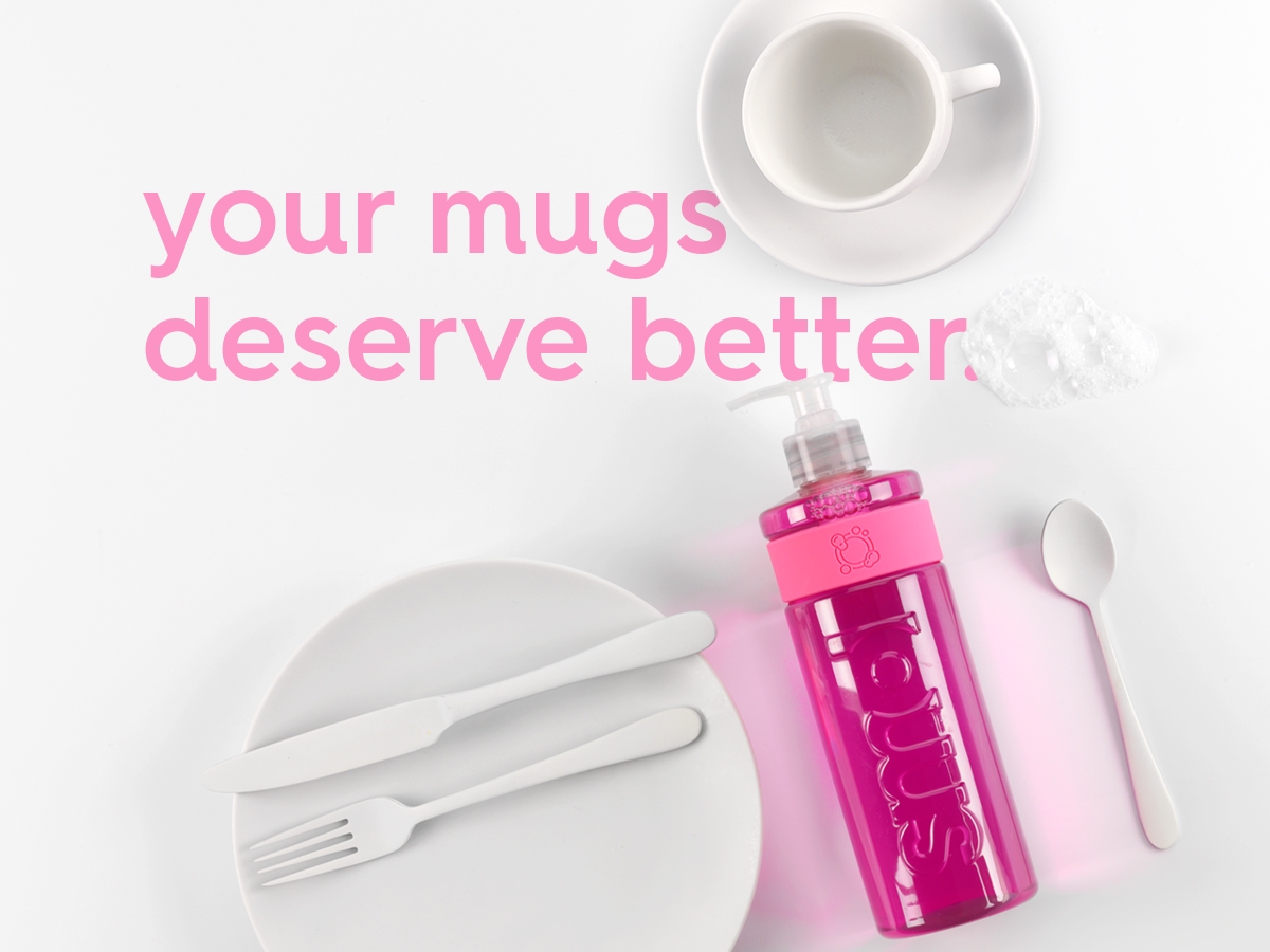 image of smol washing up liquid, plate, cup, and cutlery, text: your mugs deserve better.
