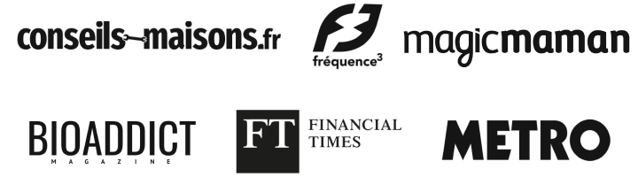 logo de marque: conseils maisons, fréquence3, magic maman, bioaddict magazine, financial times, metro