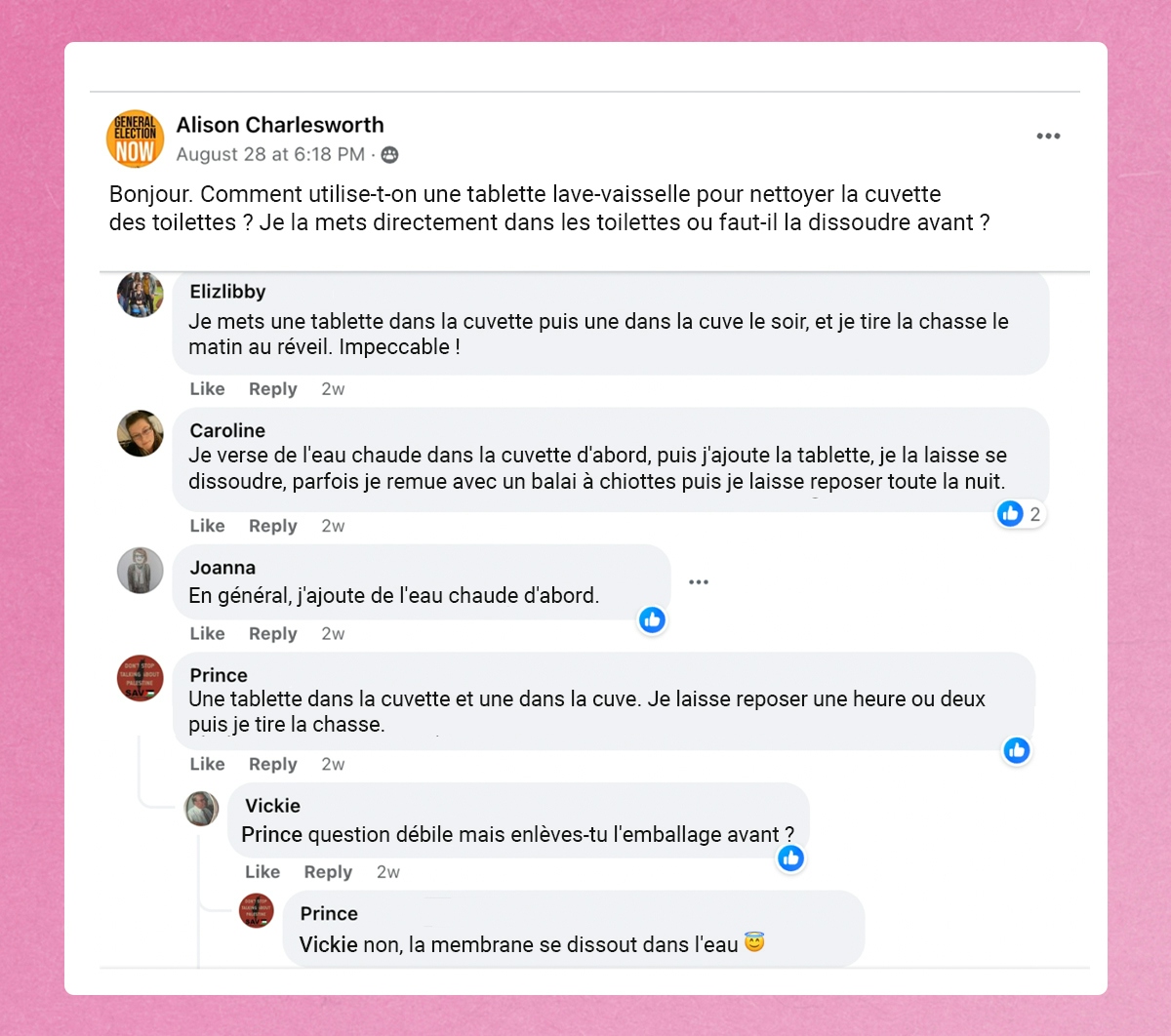 Commentaires d'utilisateurs sous une publication sur Facebook