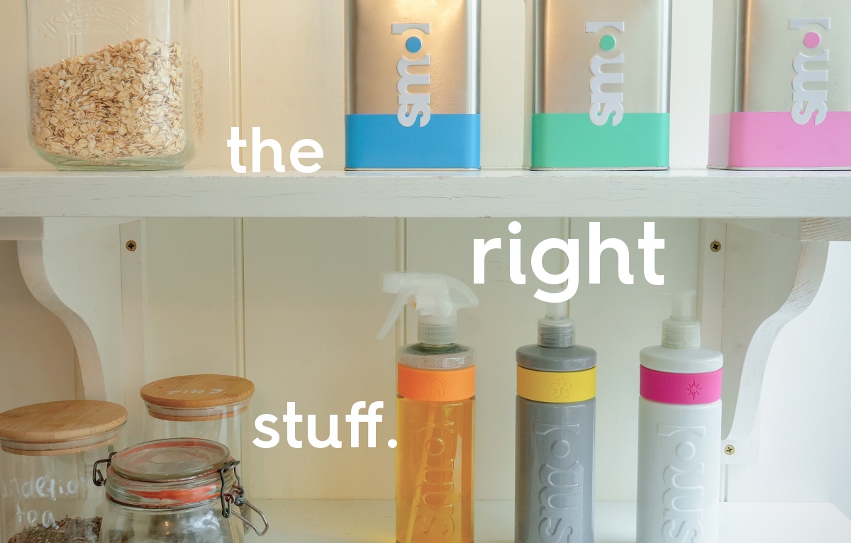 smol caddies and bottles on shelving. text. the right stuff