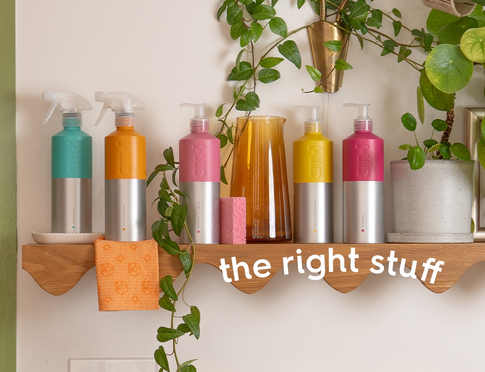 smol aluminium bottles lined up on a shelf. text: the right stuff