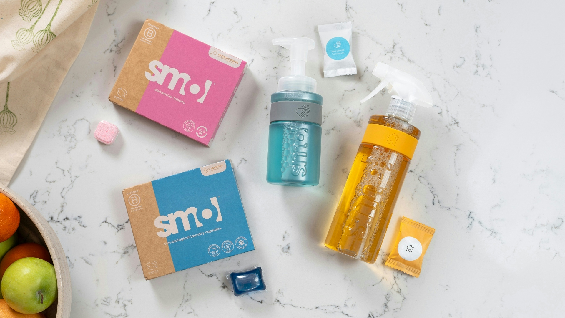 smol dishwasher tablets, non-bio laundry capsules, foaming handwash and multipurpose spray